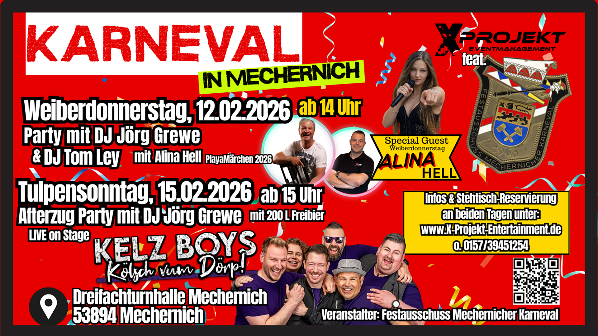 Präsentierten stolz das nun noch vollere Party-Programm des FMK an Weiberdonnerstag und Tulpensonntag in der Mechernicher Dreifachturnhalle: (v. l.) der Vereinsvorsitzende Albert Meyer, sein Stellvertreter Gerd Jannes, X-Projekt Entertainment-Geschäftsführer Tom Ley und Johann Manfred Klöcker, Geschäftsführer des FMK. Foto: Henri Grüger/pp/Agentur ProfiPress