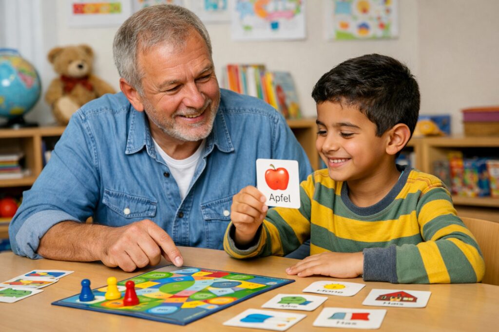 Spielend leicht die deutsche Sprache lernen und Integration. Das Spiel dient zur Sprachförderung und macht beiden Spaß. Der Kreis Euskirchen sucht neue Ehrenamtliche, die Sprachpaten werden möchten. Foto: KI generiert/pp/Agentur ProfiPress