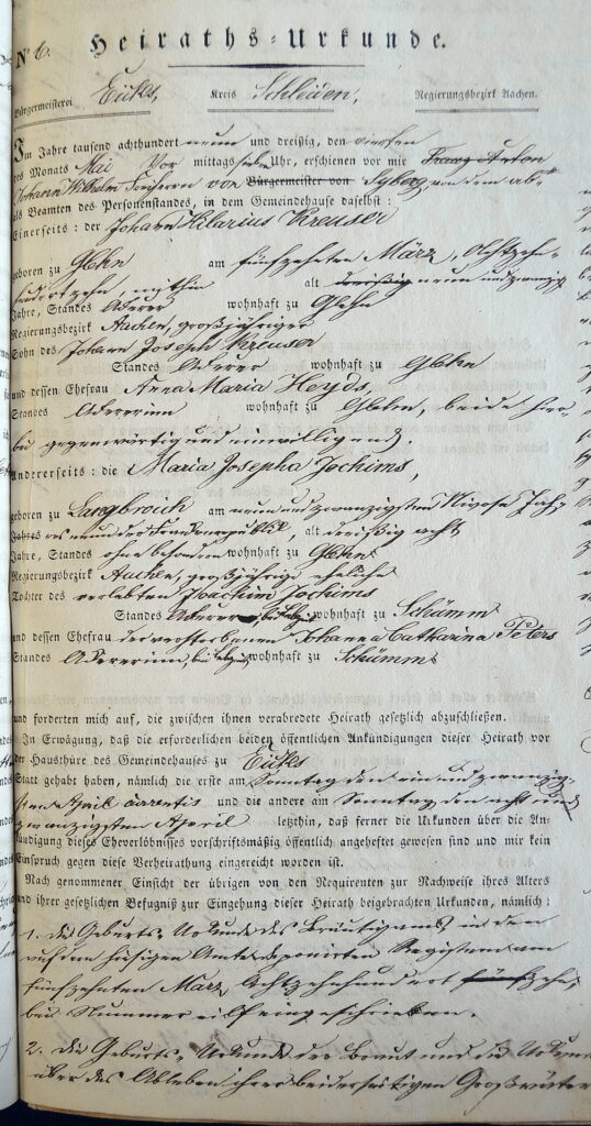 Die Heiratsurkunde von Johann Hilarius Kreuser und Maria Josepha Jochims. Repro: Peter-Lorenz Koenen/pp/Agentur ProfiPress