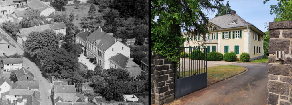 Die 1972 für eine vernünftige Zuwegung zum Gymnasium und später für einen Schulbusbahnhof (heute „Nyonsplatz“) abgerissene Kreuservilla in der Turmhofstraße (links; Quelle: Repro, Ausschnitt aus RW 0229 37856 1932). Das rechte Bild zeigt das Comptoir oder Verwaltungsgebäude in der Hardt, das als Verwaltungsgebäude des Mechernicher Bergwerks-Actienvereins diente. Es wurde fälschlicherweise als „Villa Kreuser“ in die Liste der städtischen Baudenkmäler eingetragen. Foto und Repro: Peter-Lorenz Könen/pp/Agentur ProfiPress