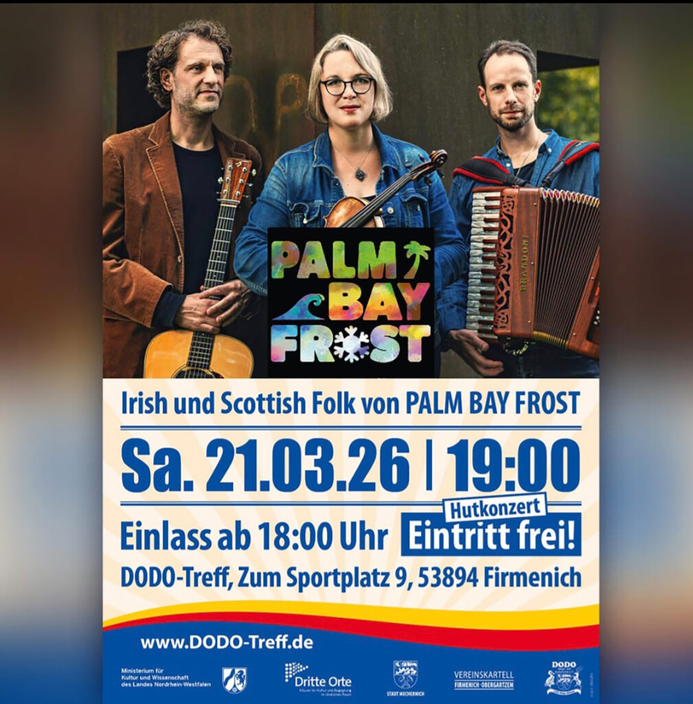 Die Irish and Scottish Folk Band „Palm Bay Frost“ spielt am 21. März ein kostenloses Konzert in Firmenich. Grafik: DoDo/pp/Agentur ProfiPress