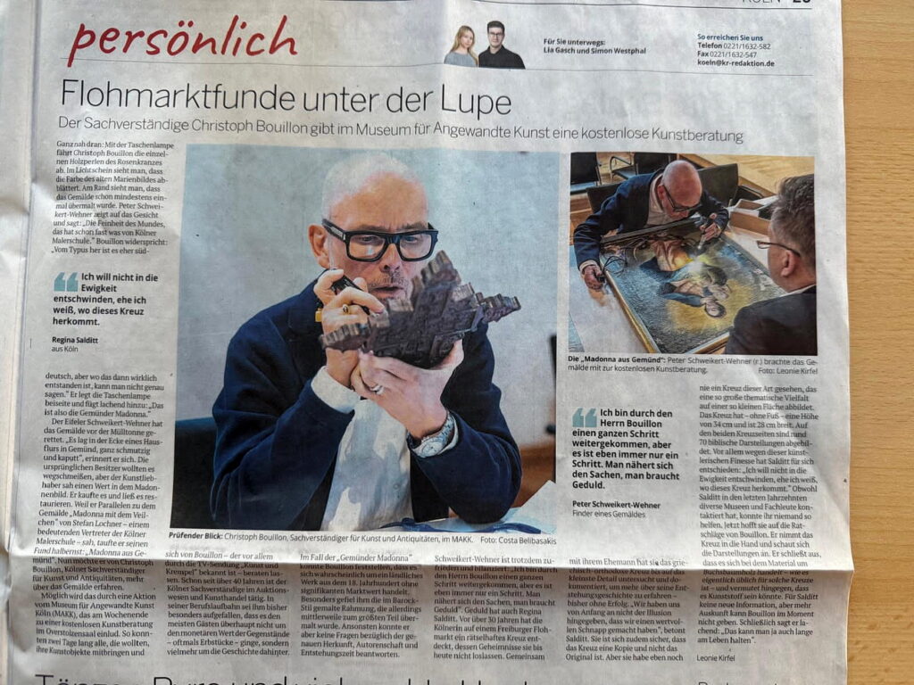 Die „Kölnische Rundschau“ berichtete unter der Überschrift „Flohmarktfunde unter der Lupe“ über Schweikerts (r.) Kunstberatung in Köln durch Christoph Boulllion. Repro: Schweikert/pp/Agentur ProfiPress