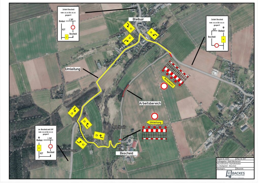 Wegen Asphaltarbeiten muss die Gemeindeverbindungsstraße zwischen der L 169 und Bescheid gesperrt werden. Umleitungen werden, wie hier dargestellt, ausgeschildert. Grafik: Stadtverwaltung Mechernich/pp/Agentur ProfiPress