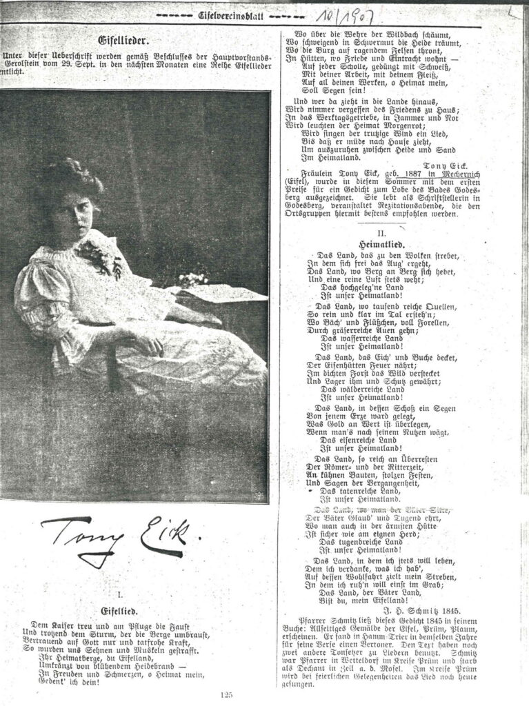 Im Eifelvereinsblatt 10 von 1907 wird das „Eifellied“ des zu der Zeit in Bad Godesberg lebenden „Fräulein Tony Eicks“ abgedruckt. Repro: Stephan Meyer/Stadtarchiv Mechernich/pp/Agentur ProfiPress