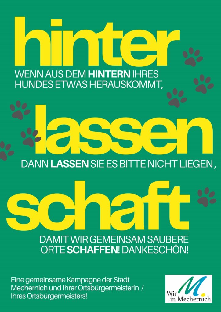 Hinter – lassen – schaft: Mit einem augenzwinkernden Wortspiel wirbt die Stadt Mechernich gemeinsam mit den Ortsbürgermeistern bei Hundebesitzerinnen und Hundebesitzern für mehr Rücksichtnahme. Grafik: Stadt Mechernich/pp/Agentur ProfiPress