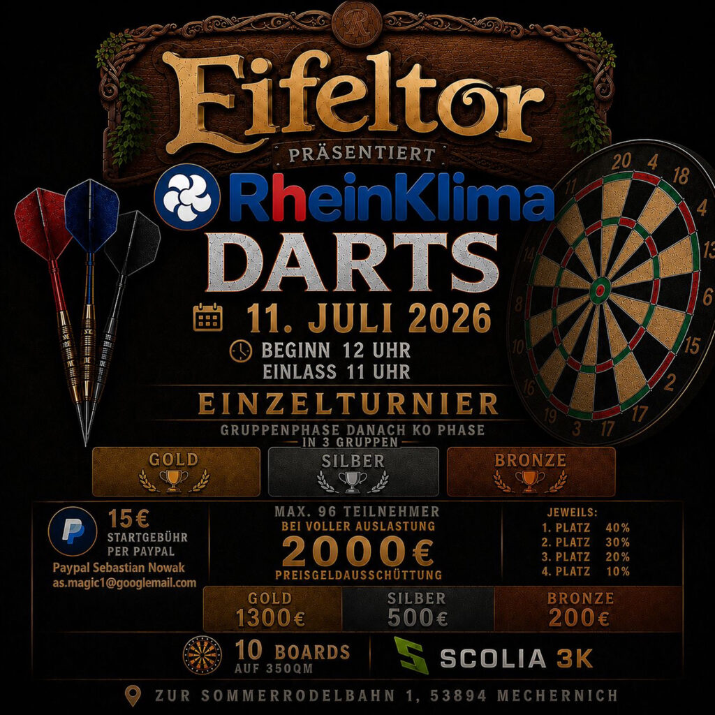 … und das „RheinKlima-Darts-Turnier“ am 11. Juli. Grafik: Eifeltor Erlebnispark/pp/Agentur ProfiPress
