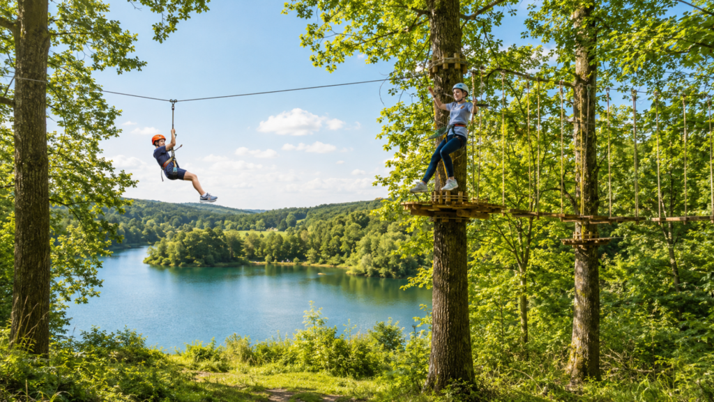 Die neue Podcast-Folge von „Nordeifel lauschen“ führt zu besonderen Aktiv-Orten in der Mechernicher Nachbarschaft zwischen Naturparcours, Hochseilgarten, Flying Fox und Pumptrack. KI-Bild: Henri Grüger/ChatGPT/pp/Agentur ProfiPress