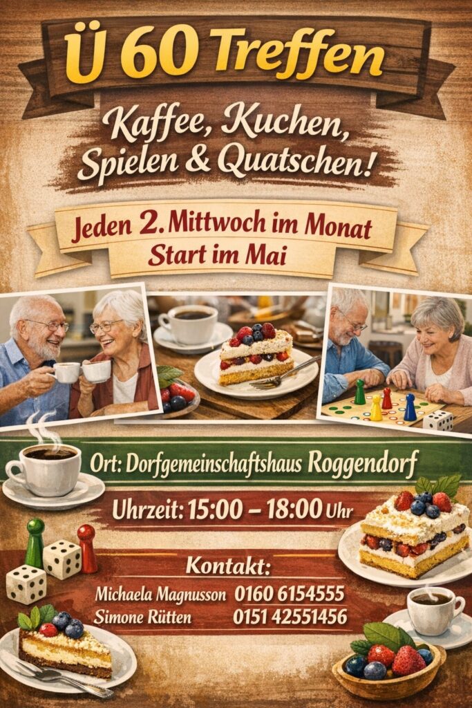 „Gemeinsam statt einsam“, heißt es ab sofort jeden zweiten Mittwoch im Dorfgemeinschaftshaus in Roggendorf. Um Anmeldung wird gebeten. Grafik: Dorfgemeinschaft Roggendorf/pp/Agentur ProfiPress