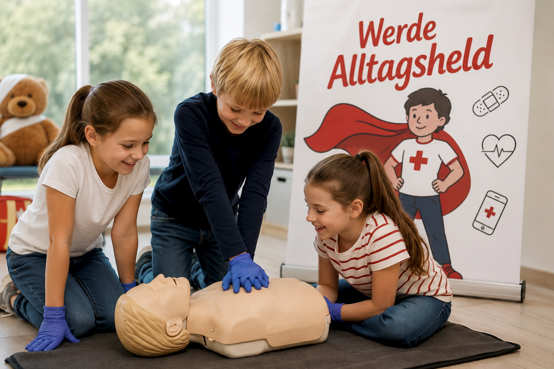 In den Sommerferien können Kinder von sechs bis neun oder von zehn bis dreizehn Jahren an Erste-Hilfe-Kursen des Roten Kreuzes in Euskirchen teilnehmen. Foto: KI-Bild ChatGPT/Steffi Tucholke/pp/Agentur ProfiPress
