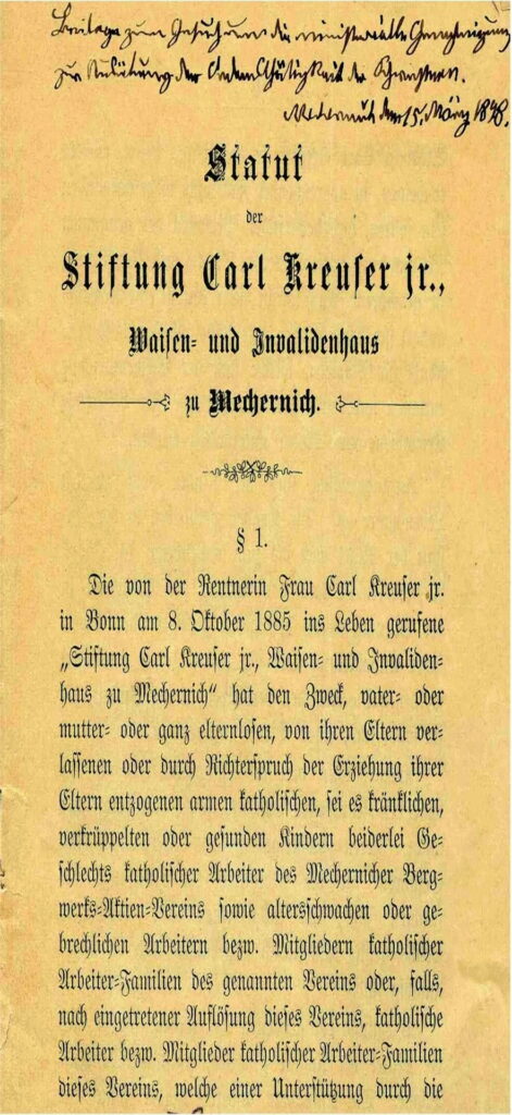 Mit dem Statut von 1888 wurde die „Stiftung Carl Kreuser jr., Waisen- und Invalidenhaus zu Mechernich“ offiziell geregelt – ein bemerkenswertes sozialgeschichtliches Zeugnis aus der Blütezeit des Mechernicher Bergbaus. Foto: Stephan Meyer/Stadtarchiv Mechernich/pp/Agentur ProfiPress
