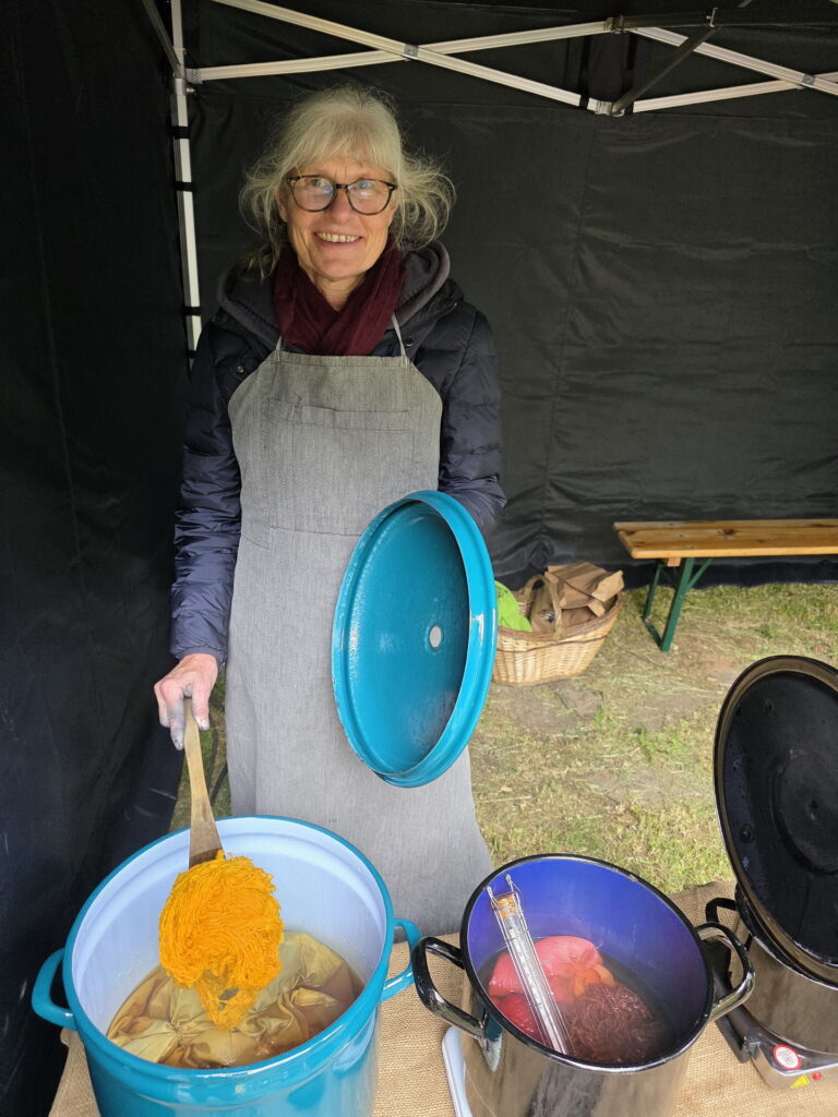Andrea Rolfes-Koenen zeigte beim Wolltag in Kommern verschiedene Techniken der Wollfärberei und präsentierte leuchtende Naturfarben, die mit Hilfe von Krapp, Zwiebelschalen und Rainfarn entstanden. Foto: Sabine Roggendorf/pp/Agentur ProfiPress