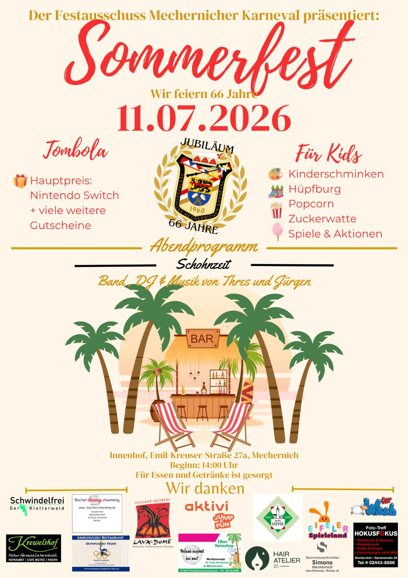 Am Samstag, 11. Juli, feiert der Festausschuss Mechernicher Karneval sein jeckes Jubiläum mit einem großen Sommerfest ab 14 Uhr im Innenhof der Alten Schule in Mechernich. Grafik: FMK/pp/Agentur ProfiPress