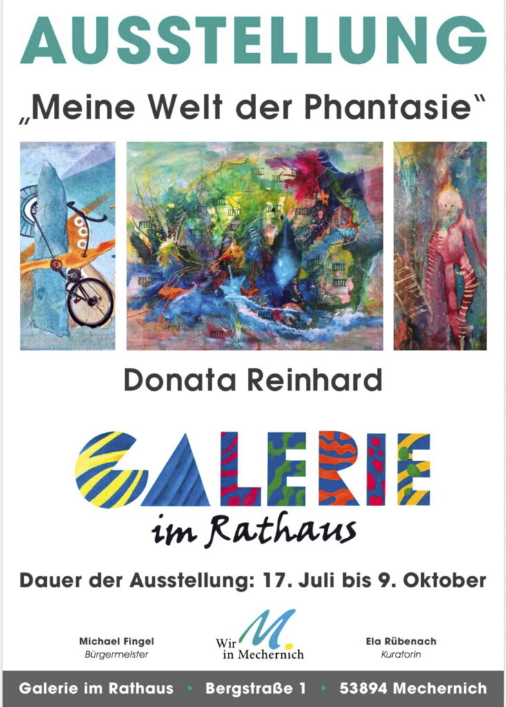 Die Vernissage zur Ausstellung „Meine Welt der Phantasie“ mit Werken der Firmenicher Künstlerin Donata Reinhard findet am Freitag, 17. Juli, um 19 Uhr im Mechernicher Rathaus statt. Grafik: Stadt Mechernich/pp/Agentur ProfiPress