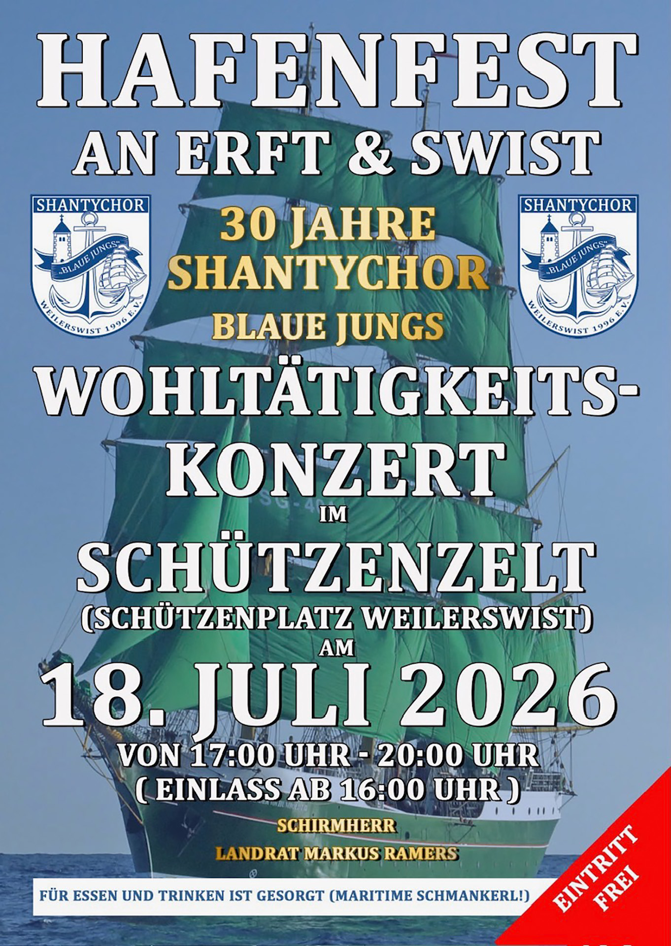 Mit diesem Plakat werben die „Blauen Jungs“ für viele Zuhörerinnen und Zuhörer. Grafik: Shantychor Blaue Jungs Weilerswist 1996 e.V./pp/Agentur ProfiPress
