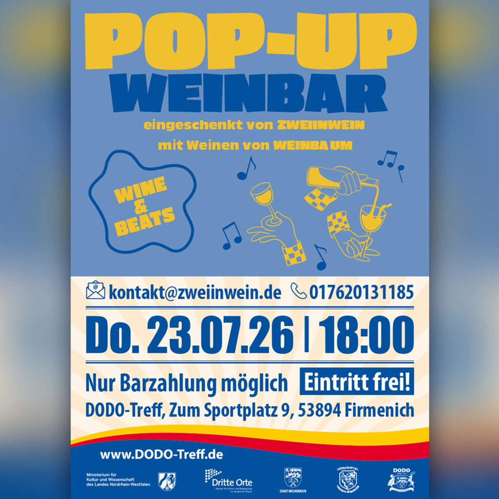 Am 23. Juli verwandelt sich der kürzlich eröffnete DODO-Treff in Firmenich-Obergartzem in eine sommerliche Pop-up-Weinbar. Grafik: DODO-Treff/pp/Agentur ProfiPress