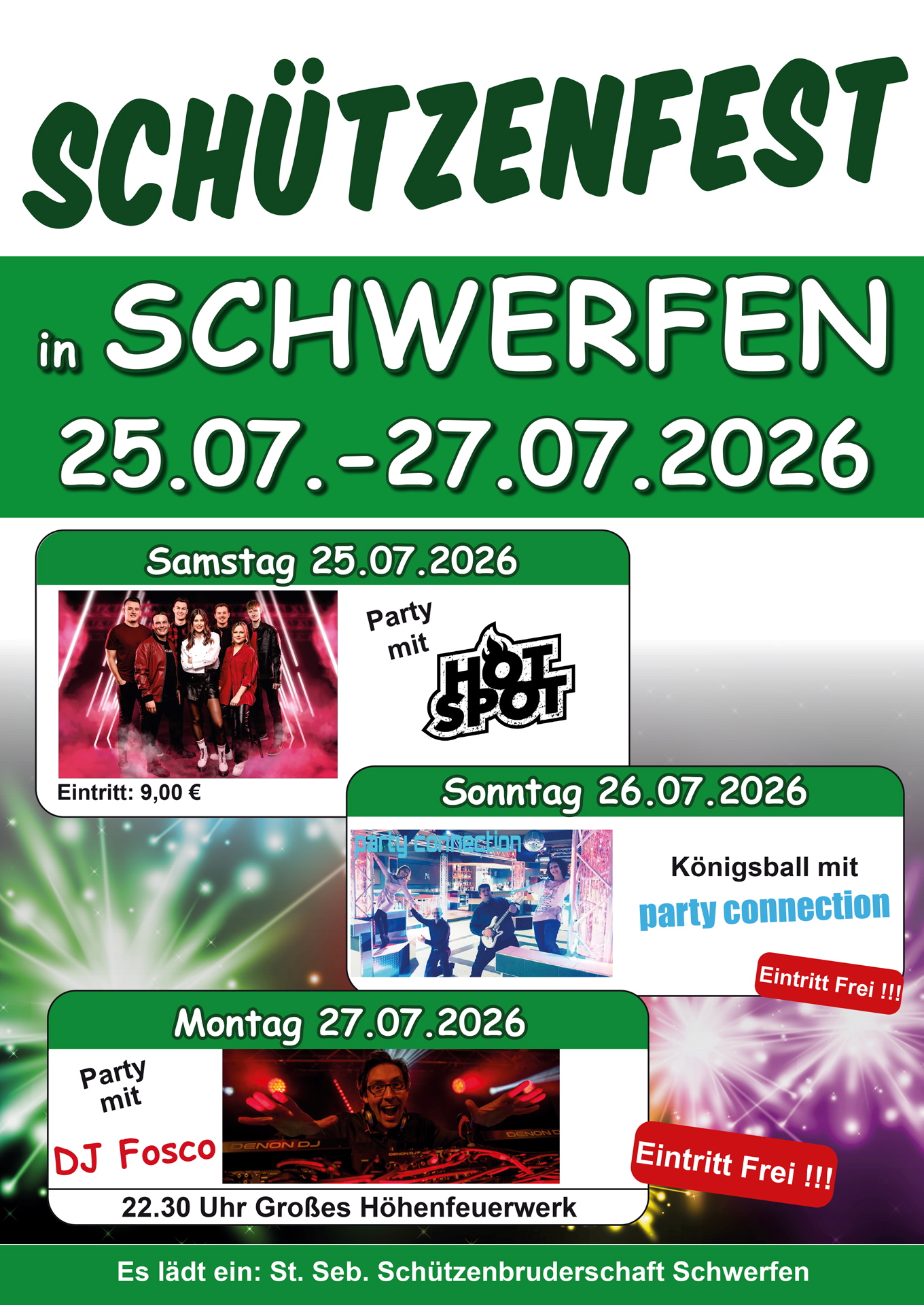 Beim Schützenfest der Sankt Sebastianus Schützenbruderschaft Schwerfen stehen Festzug und Königsball, Frühschoppen und abendliche Partys sowie ein großes Höhenfeuerwerk auf dem Programm. Grafik: St. Sebastianus Schützenbruderschaft/pp/Agentur ProfiPress