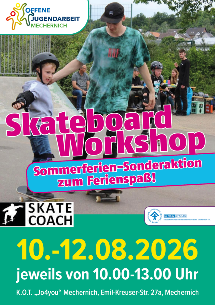 Unterstützt werden die jungen Skateboarder von erfahrenen Coaches der Kölner Skateboardschule „Skate-Coach“. Auf dem Programm stehen die Grundlagen des Skateboardfahrens, verschiedene Lenk- und Bremstechniken, richtiges Fallen sowie erste Tricks. Grafik: K.O.T./pp/Agentur ProfiPress