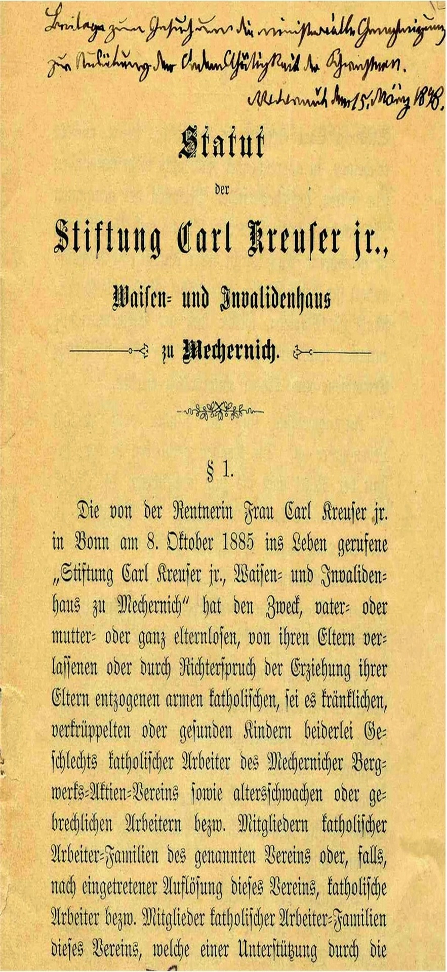 Mit dem Statut von 1888 wurde die „Stiftung Carl Kreuser jr., Waisen- und Invalidenhaus zu Mechernich“ offiziell geregelt – ein bemerkenswertes sozialgeschichtliches Zeugnis aus der Blütezeit des Mechernicher Bergbaus. Foto: Stephan Meyer/Stadtarchiv Mechernich/pp/Agentur ProfiPress