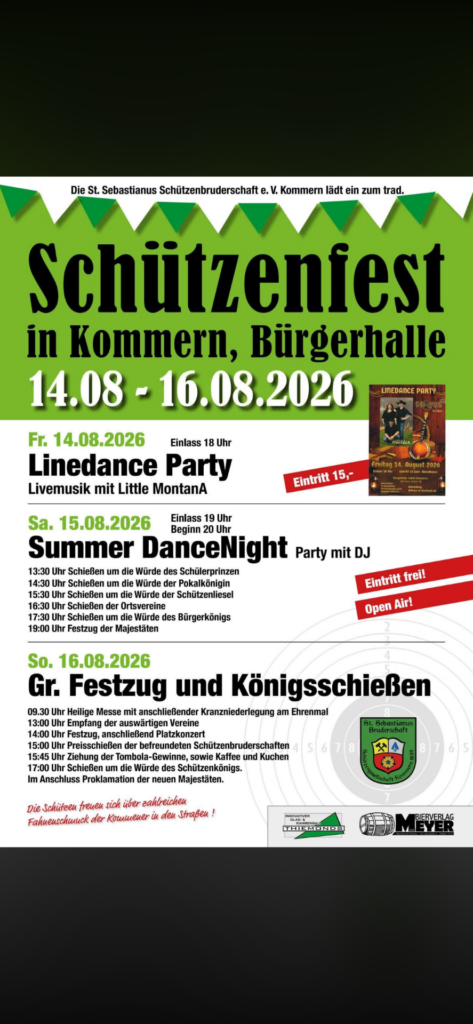 Die St.-Sebastianus-Schützenbruderschaft lädt von Freitag, 14. August, bis Sonntag, 16. August, zum traditionellen Schützenfest rund um die Bürgerhalle ein. Flyer: St.-Sebastianus-Schützenbruderschaft Kommern/pp/Agentur ProfiPress