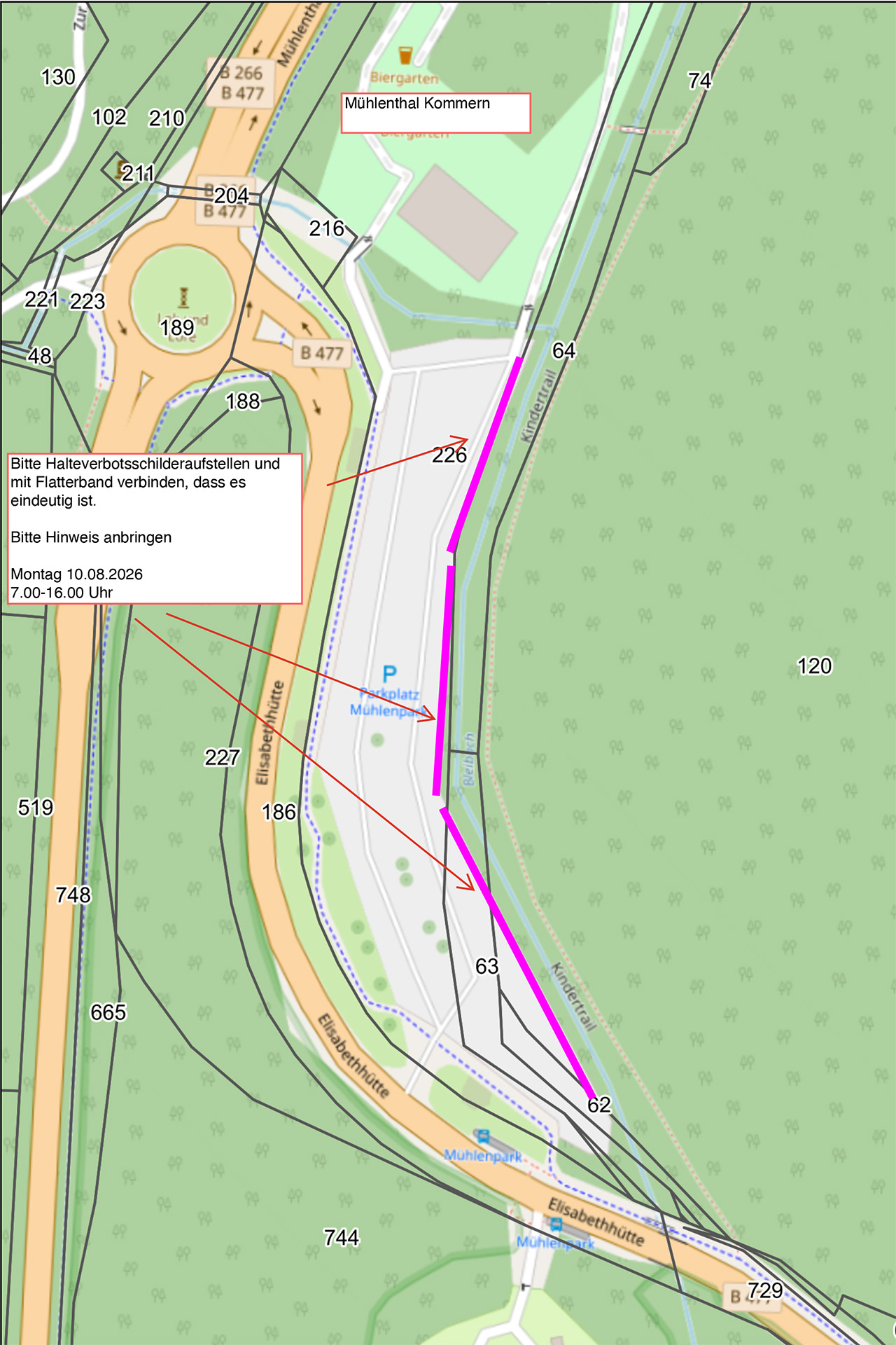Die Karte zeigt die Bereiche am Mühlenpark, in denen am Montag, 10. August, wegen der Baumfällarbeiten Halteverbote und Sicherheitshinweise zu beachten sind. Grafik: Stadt Mechernich/pp/Agentur ProfiPress