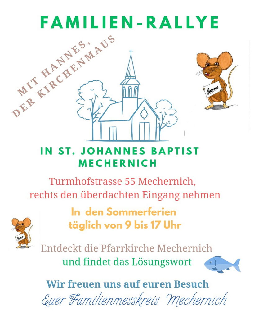 „Mit Hannes, der Kirchenmaus“ geht es auf Familien-Rallye durch die Mechernicher Pfarrkirche St. Johannes Baptist Mechernich. An 16 Stationen können Kinder basteln, malen, rätseln und die Kirche entdecken. Repro: Ramona Averbeck/pp/Agentur ProfiPress