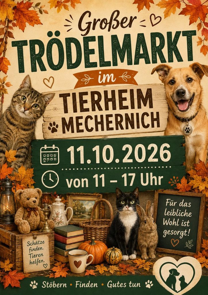 Besucherinnen und Besucher können sich am Sonntag, 11. Oktober, auf allerlei nützliche und kuriose Fundstücke freuen. Grafik. Tierheim Mechernich/pp/Agentur Profipress