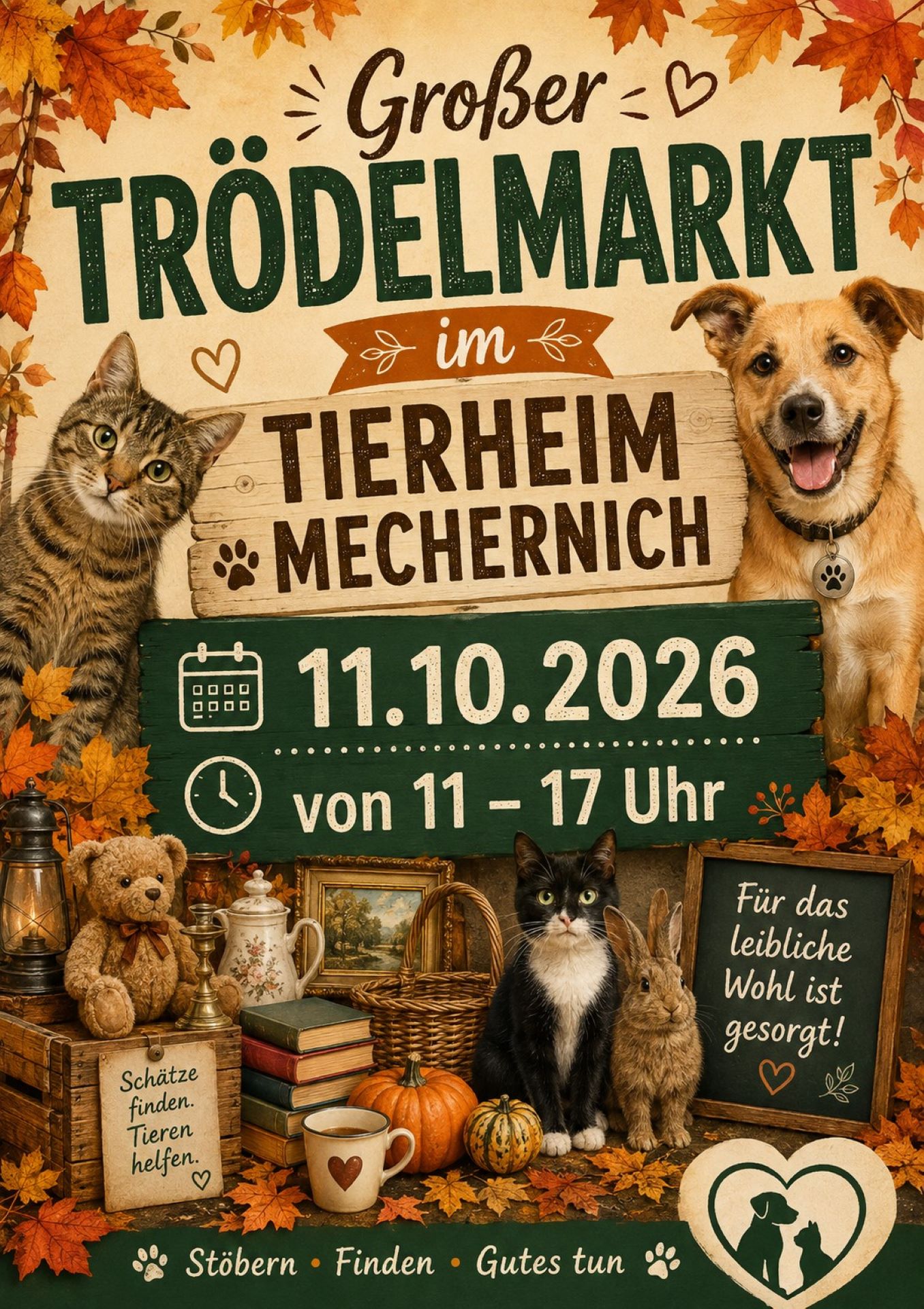 Besucherinnen und Besucher können sich am Sonntag, 11. Oktober, auf allerlei nützliche und kuriose Fundstücke freuen. Grafik. Tierheim Mechernich/pp/Agentur Profipress