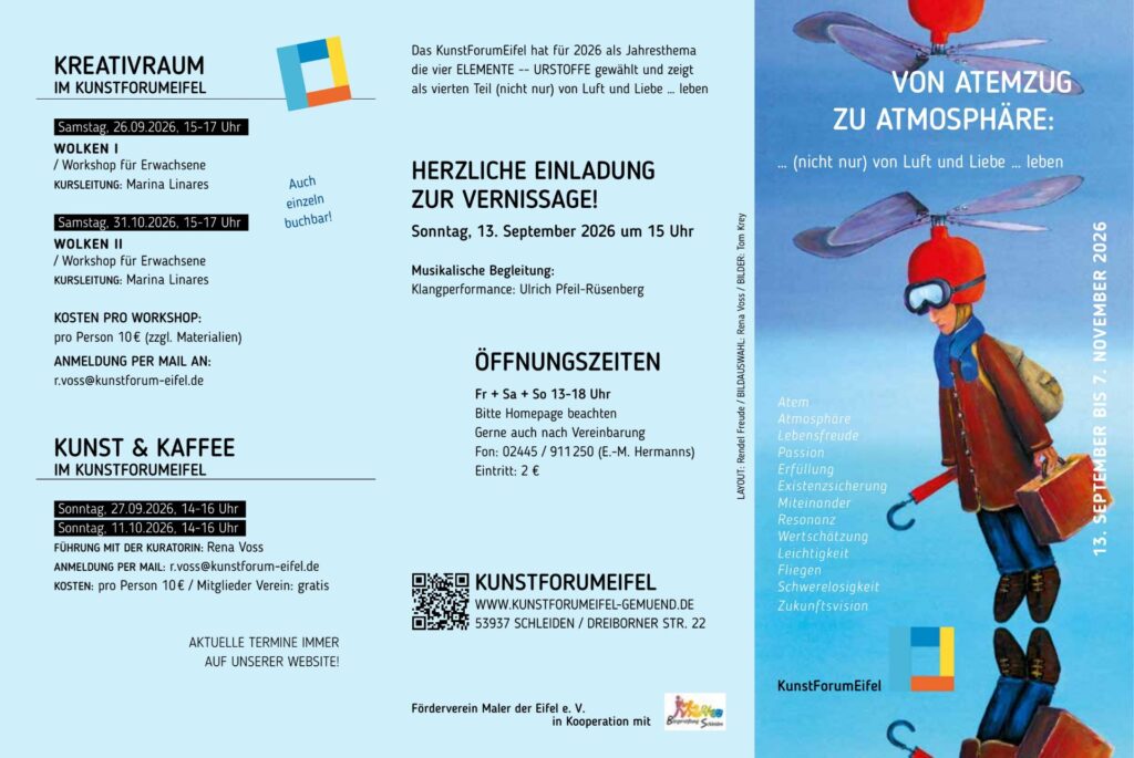 Dass Tom Kreis Arbeiten diesmal besonders ins Auge fallen, zeigt sich schon vor dem ersten Schritt in die Ausstellung: Beide Motive zieren den offiziellen Flyer. Grafik: KunstForumEifel/pp/Agentur ProfiPress