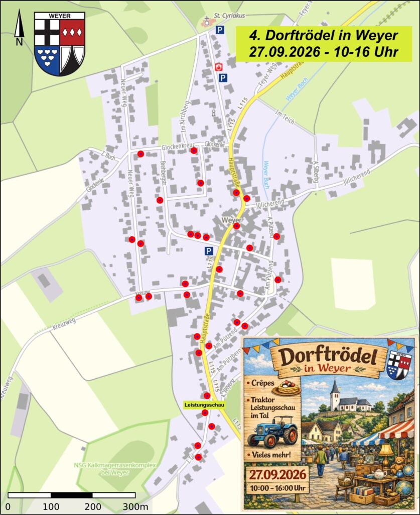 Eine besondere Zugabe gibt es in der Straße Im Tal: Beim sogenannten „Leistungsfrühschoppen“ können Besucher landwirtschaftliche Geräte bestaunen. Grafik: Dorfgemeinschaft Weyer/pp/Agentur ProfiPress