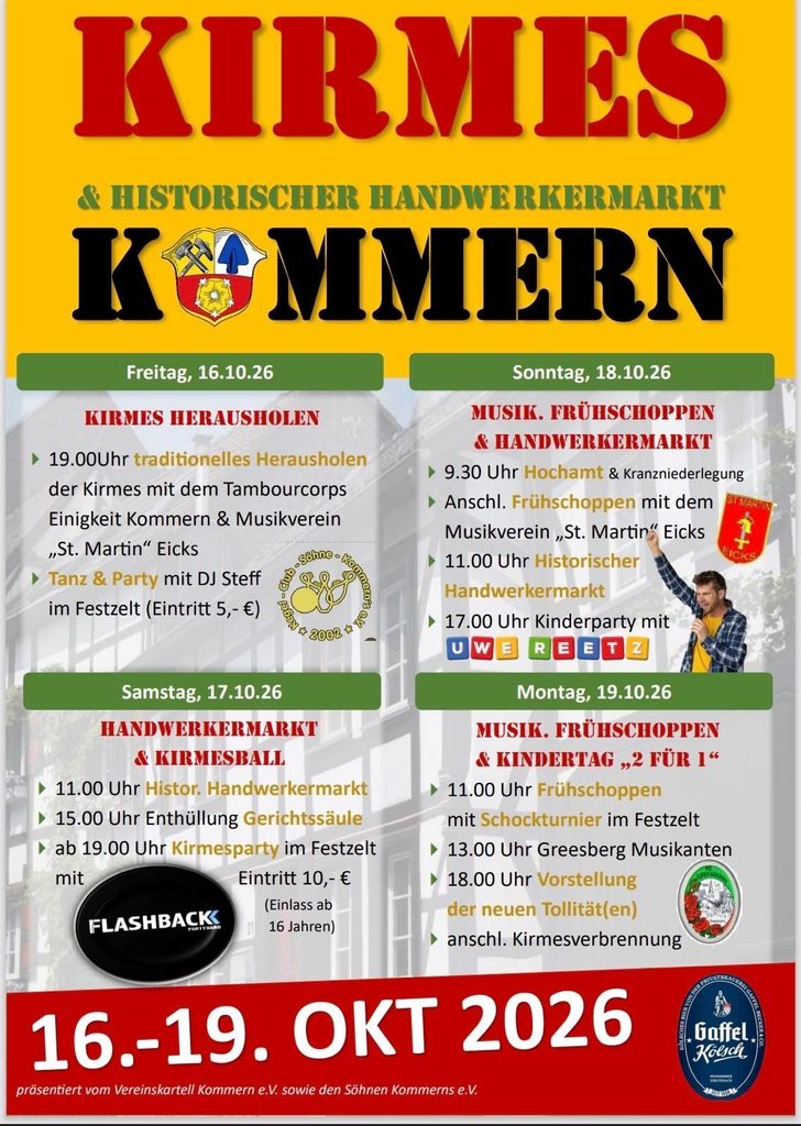 Am Freitag, 16. Oktober, startet auch die Kirmes, und zwar um 19 Uhr mit dem traditionellen Herausholen durch das Tambourcorps Einigkeit Kommern und den Musikverein „St. Martin“ Eicks Grafik: Vereinskartell Kommern e.V./pp/Agentur ProfiPress.