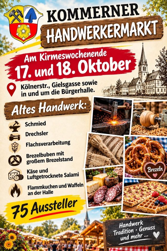 Lecker, lecker: Die „Brezelbuben“ sind mit einem großen Brezelstand vertreten, angeboten werden außerdem Käse und luftgetrocknete Salami. An der Bürgerhalle gibt es unter anderem Flammkuchen und Waffeln. Grafik: Vereinskartell Kommern e.V./pp/Agentur ProfiPress