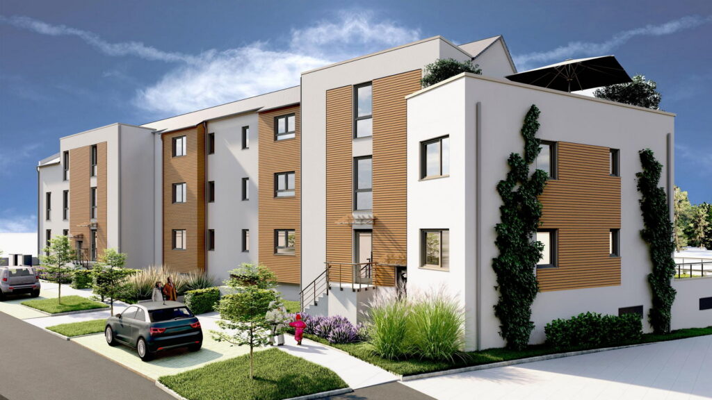 So soll sich der Neubau später von der Heerstraße präsentieren: Vor- und Rücksprünge sowie Holz- und Grünelemente sollen der Fassade Struktur und einen warmen Charakter verleihen. Visualisierung: GEBIG IPG/pp/Agentur ProfiPress