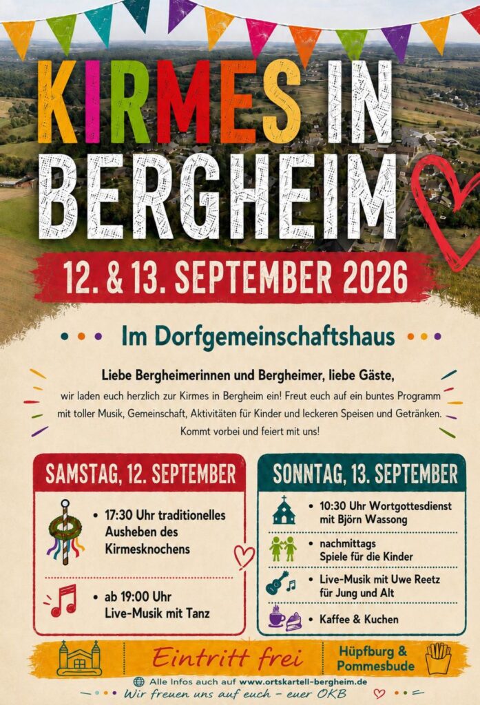 „Kommt vorbei und feiert mit uns“, lautet die Einladung des Ortskartells an Bergheimer, Freunde und Gäste aus der Umgebung. Der Eintritt ist an beiden Tagen frei. Flyer: Ortskartell Bergheim/pp/Agentur ProfiPress