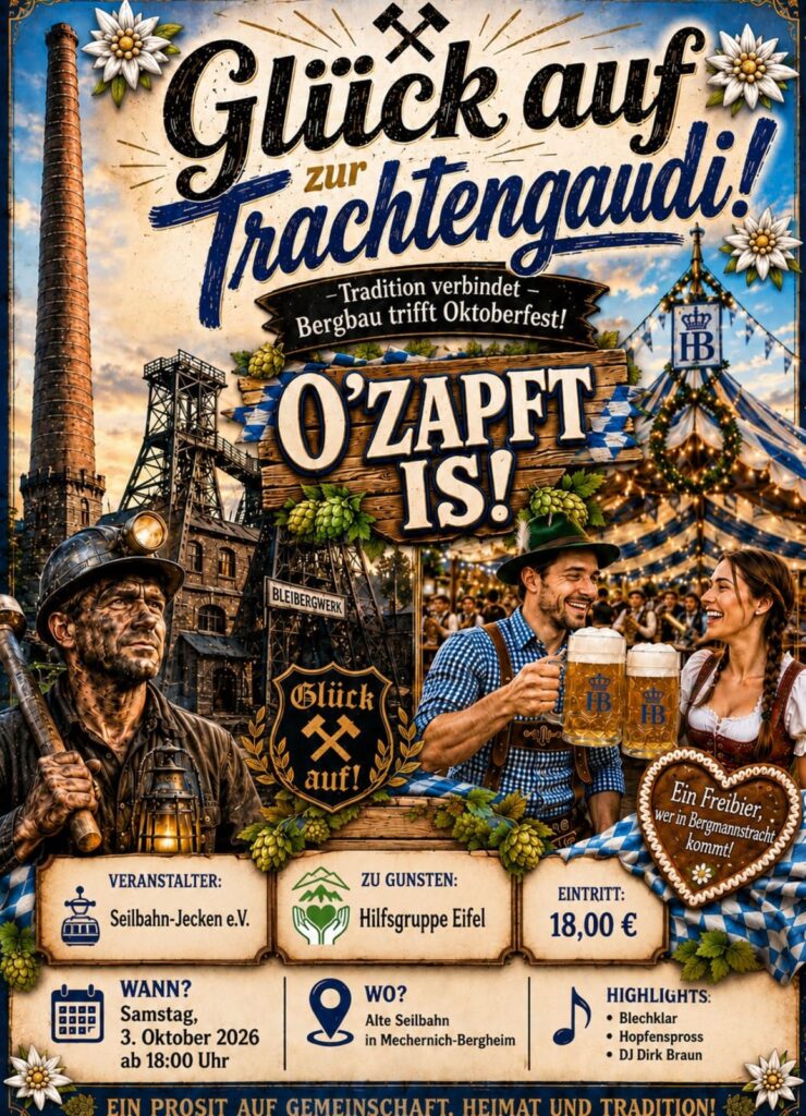 Verkleiden lohnt sich: Wer in Bergmannstracht erscheint, bekommt beim Oktoberfest in Bergheim von den Seilbahnjecken ein Freibier ausgegeben. Grafik: Seilbahnjecken Bergheim/pp/Agentur ProfiPress