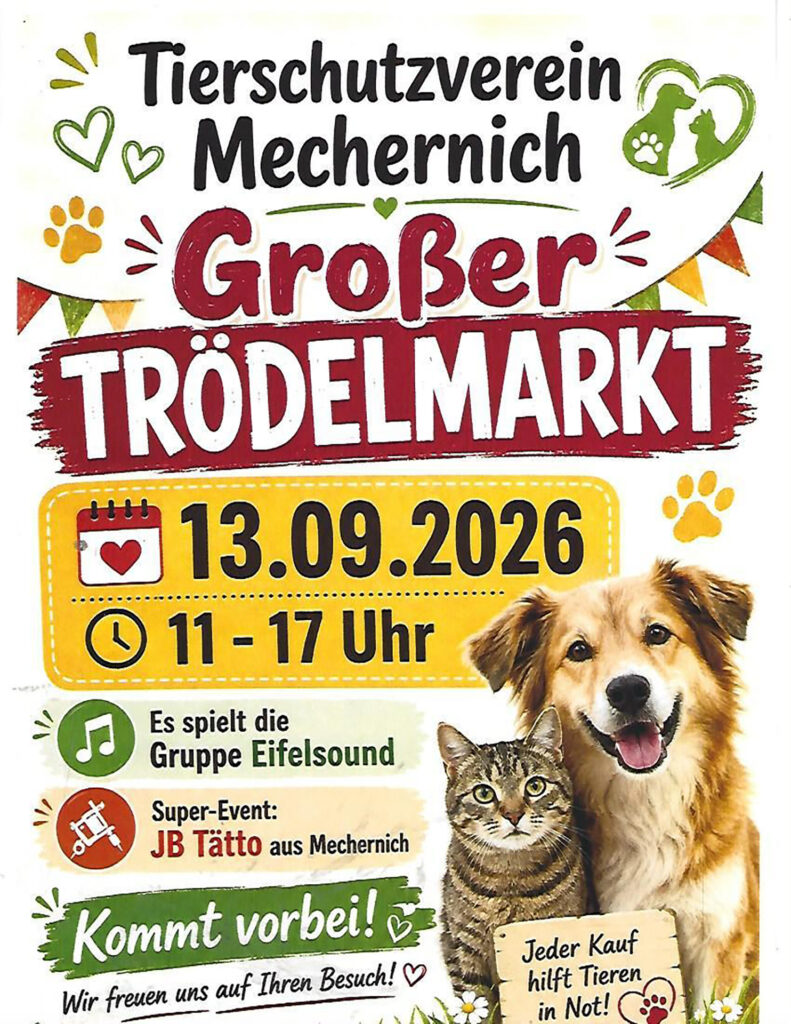 Tierisch gut trödeln kann man am 13. September bei Livemusik und „Tattoo Charity Event“ im Tierheim Mechernich-Burgfey. Grafik: Tierheim Mechernich/pp/Agentur ProfiPress