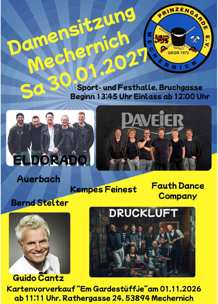 Die Prinzengarde Mechernich lädt am 30. Januar 2027 zu ihrer großen Damensitzung ein. Grafik: Prinzengarde Mechernich 1972 e.V./pp/Agentur ProfiPress