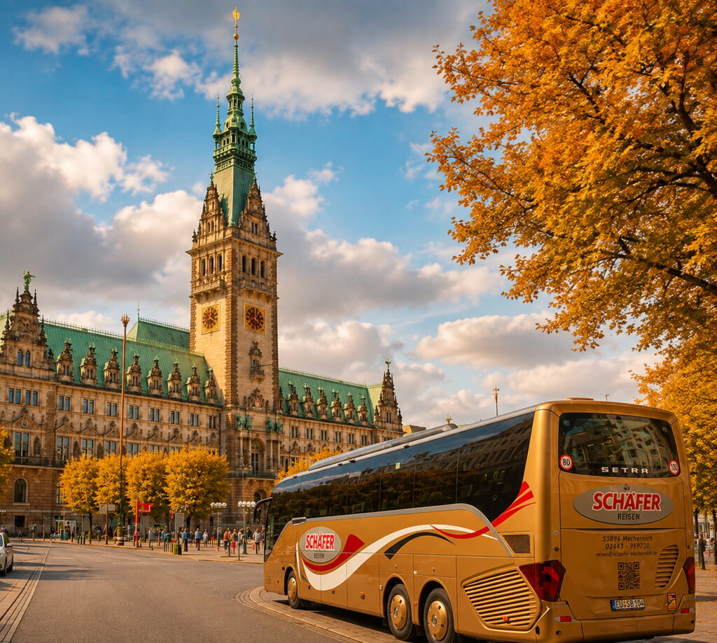 Von Mechernich bis in die großen europäischen Metropolen: Ein moderner Reisebus von „Schäfer-Reisen“ vor dem imposanten Hamburger Rathaus. Auch im Herbst 2026 setzt das Mechernicher Traditionsreisebusunternehmen auf Städte-, Erlebnis- und Fernreisen – und stellt fest, dass sich immer mehr Kunden kurzfristig noch einmal für eine Reise entscheiden. Foto: Reiseleiterin Brigitte Jansen/Schäfer-Reisen/pp/Agentur ProfiPress
