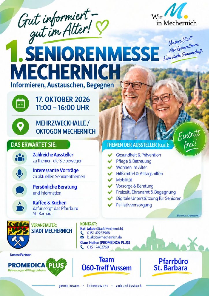 Caféteria, Vorträge und Infostände, unter anderem: Die Alzheimer Gesellschaft, das Kreiskrankenhaus Mechernich, die Parkinson-Gemeinschaft, PROMEDICA PLUS, die Caritas-Pflegestation, das Kreuserstift, das DRK und die Malteser. Grafik: Stadt Mechernich/pp/Agentur ProfiPress
