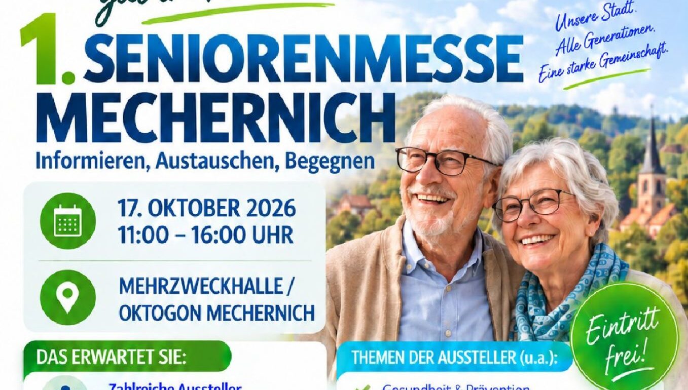 Seniorenmesse_Mechernich_Plakat Caféteria, Vorträge und Infostände, unter anderem: Die Alzheimer Gesellschaft, das Kreiskrankenhaus Mechernich, die Parkinson-Gemeinschaft, PROMEDICA PLUS, die Caritas-Pflegestation, das Kreuserstift, das DRK und die Malteser. Grafik: Stadt Mechernich/pp/Agentur ProfiPress