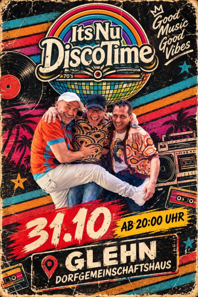 Zurück in die goldene Discozeit: Die drei DJs von „NuDisco“ sorgen am Halloweenabend, 31. Oktober, im Dorfgemeinschaftshaus Glehn wieder für tanzbare Hits aus fünf Jahrzehnten. Grafik: Werner Ackermann/pp/Agentur ProfiPress