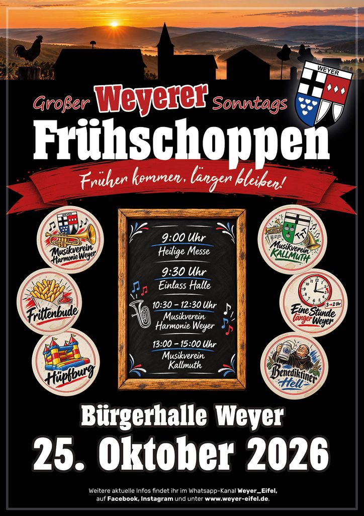 Unter dem Motto „Früher kommen, länger bleiben!“ lädt das Vereinskartell Weyer am 25. Oktober zum großen Sonntags-Frühschoppen ein. Grafik: Veranstalter/pp/Agentur ProfiPress