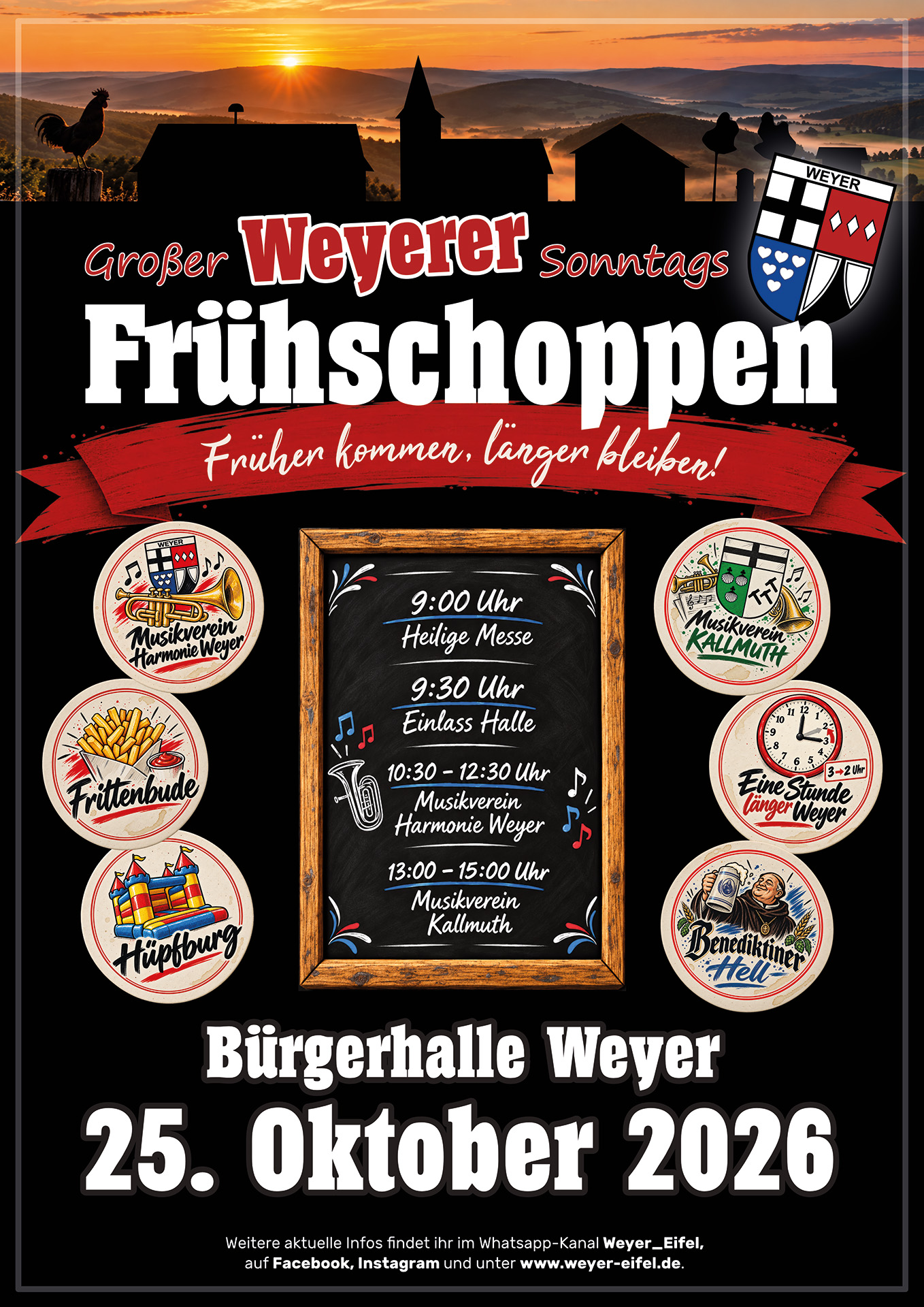 Unter dem Motto „Früher kommen, länger bleiben!“ lädt das Vereinskartell Weyer am 25. Oktober zum großen Sonntags-Frühschoppen ein. Grafik: Veranstalter/pp/Agentur ProfiPress