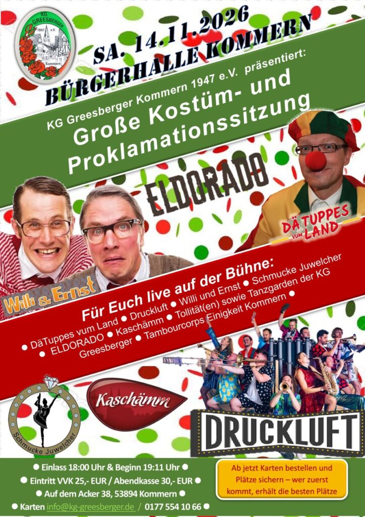 „Dreimol Kommere Alaaf!!: Die KG Greesberger lädt am Samstag, 14. November, zur großen Kostüm- und Proklamationssitzung in die Bürgerhalle ein. Noch gibt es Eintrittskarten. Grafik: KG Greesberger/pp/Agentur ProfiPress
