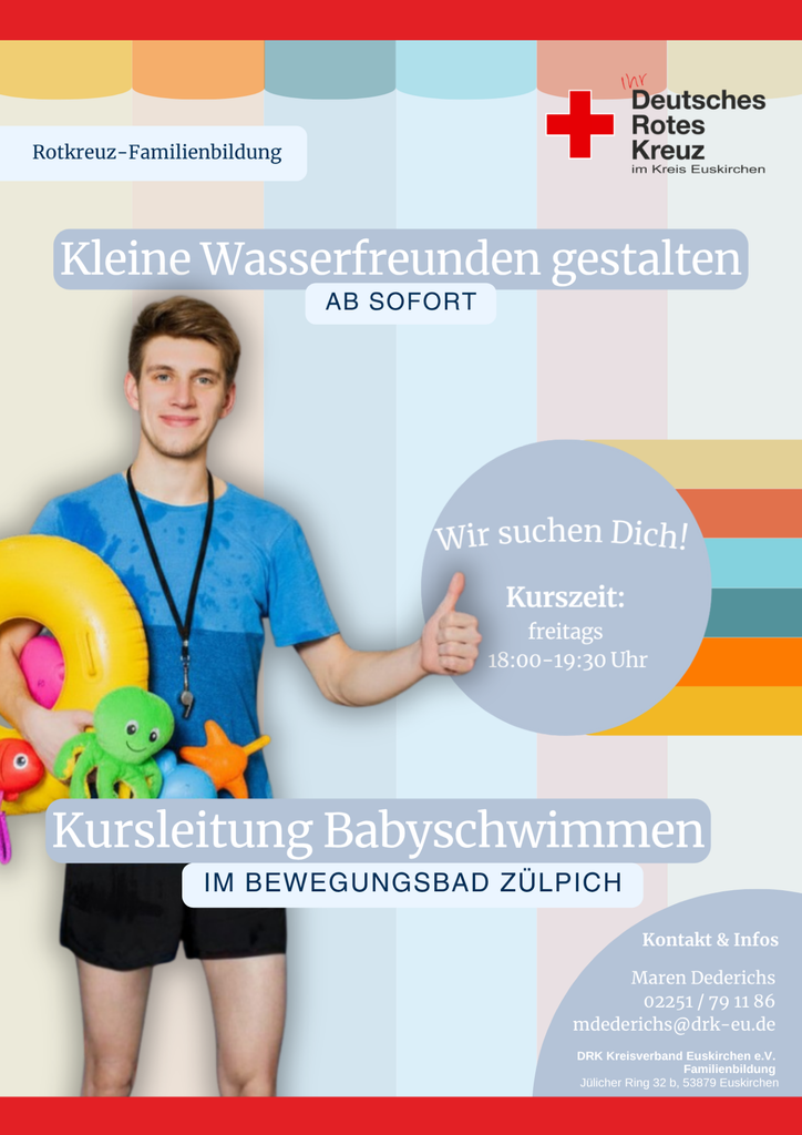 Kleinen Wasserfröschen das nasse Element nahebringen kann man als Kursleitung Babyschwimmen. Grafik: DRK Euskirchen/pp/Agentur ProfiPress
