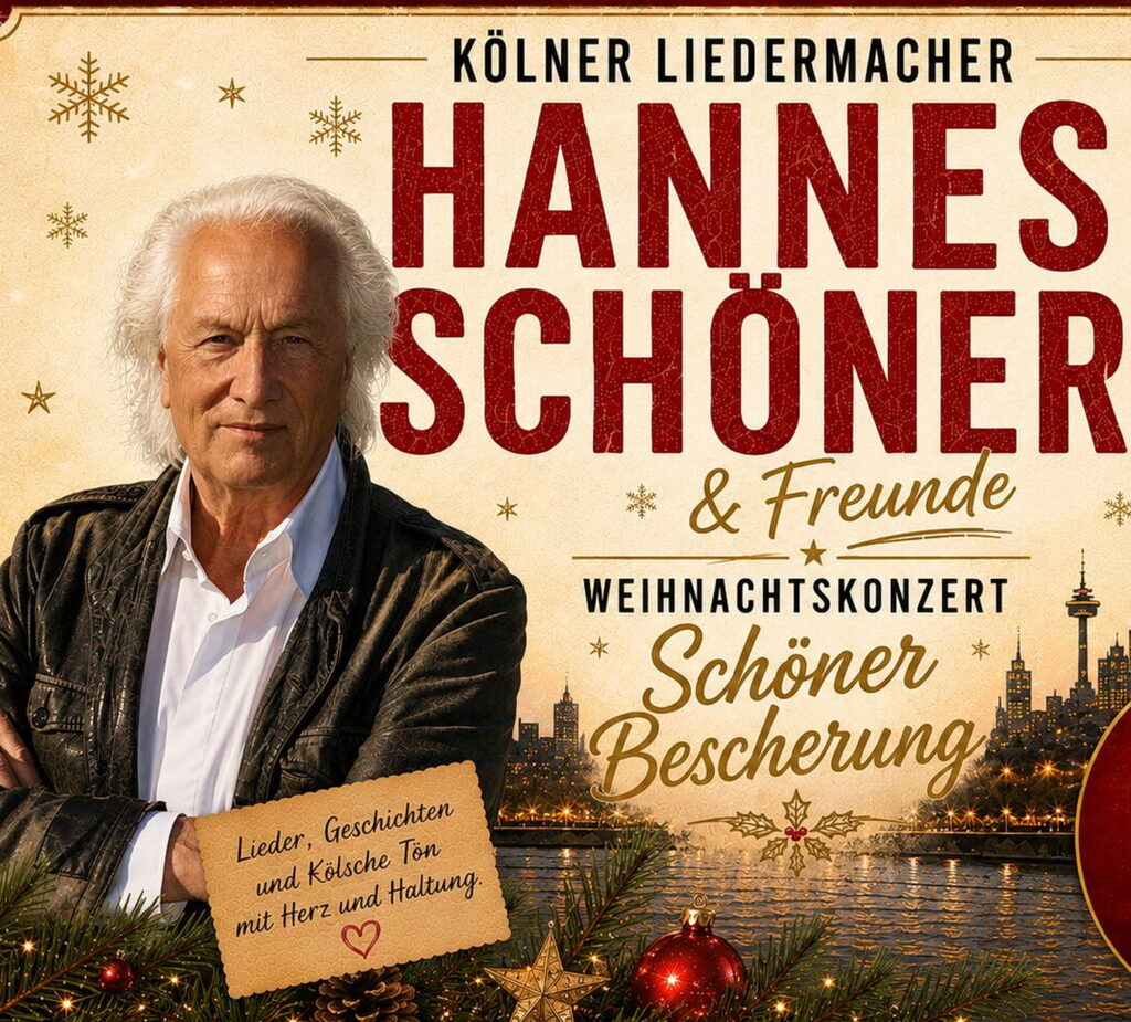 „Lieder, Geschichten und Kölsche Tön mit Herz und Haltung“ verspricht Hannes Schöner für sein Weihnachtskonzert „Schöner Bescherung“. In Mutscheid steigt die diesjährige Ausgabe am Sonntag, 20. Dezember 2026, um 19 Uhr im Gasthaus Prinz, Einlass ist ab 17.30 Uhr. Karten gibt es über TVTickets/Neissen Events sowie in der „Leserei“ in Bad Münstereifel. Repro: Neissen Events/pp/Agentur ProfiPress