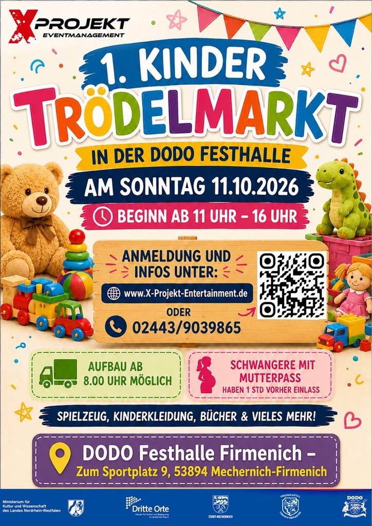 Beim ersten Kindertrödelmarkt in der DODO-Festhalle am 11. Oktober können kleine und große Schnäppchenjäger nach Herzenslust stöbern, aber auch so manchem Schatz aus dem Kinderzimmer ein neues Zuhause geben. Grafik: X Projekt Eventmanagement/pp/Agentur ProfiPress